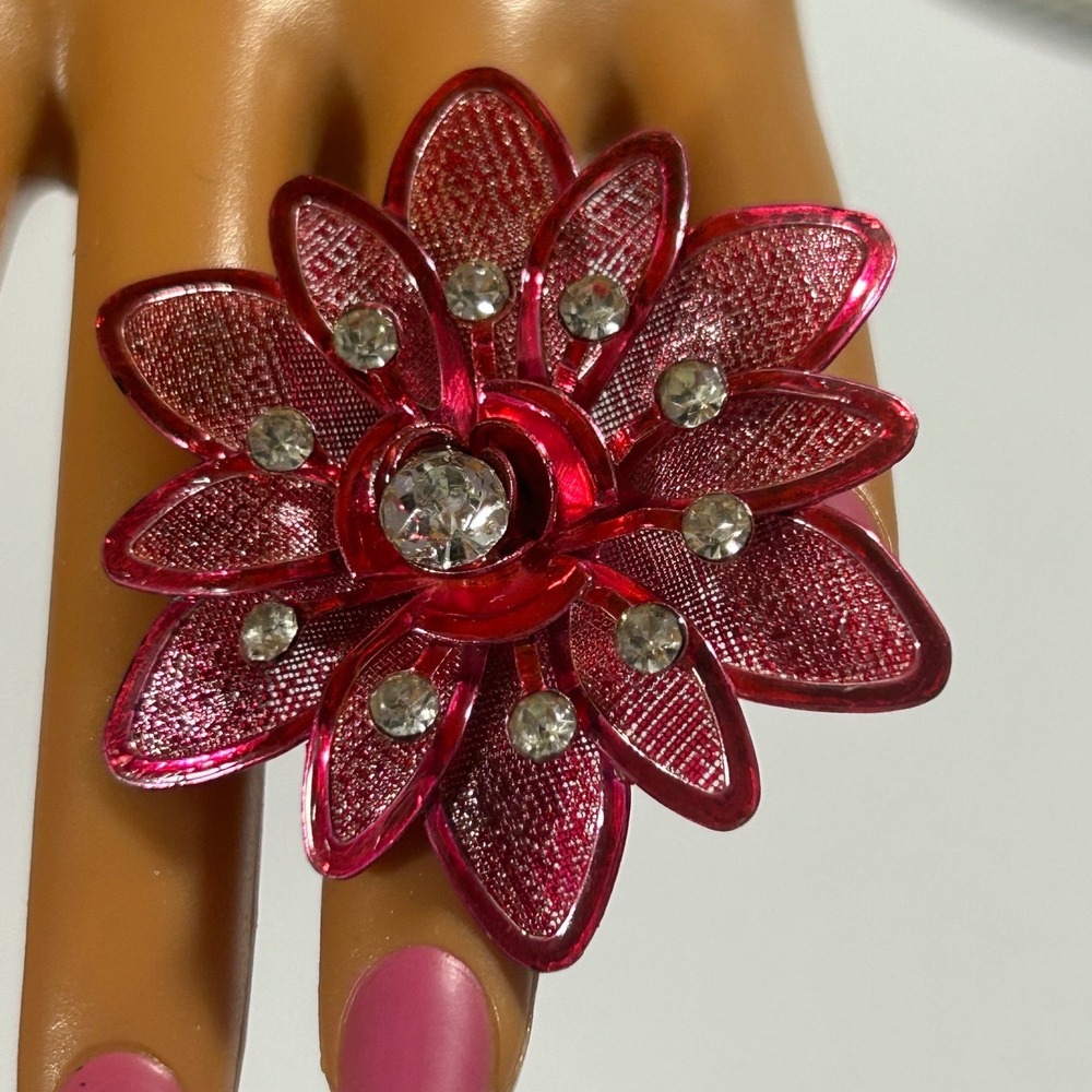 Y2K Hot Pink Floral Statement Ring Rhinestone McBling Adjustable Band Kidcore